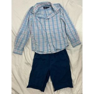Vineyard Vines lt. blue plaid shirt and Tea Collection blue shorts outfit, sz 7